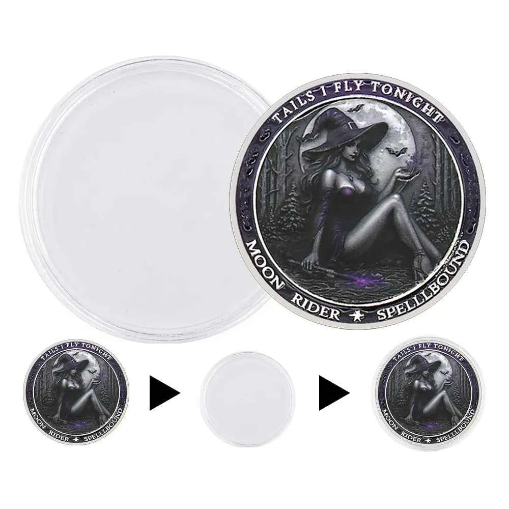 Tails I Fly Tonight" Witch Challenge Coin – Moon Rider Spellbound Collectible, 40mm Fantasy Magic Coin Gift