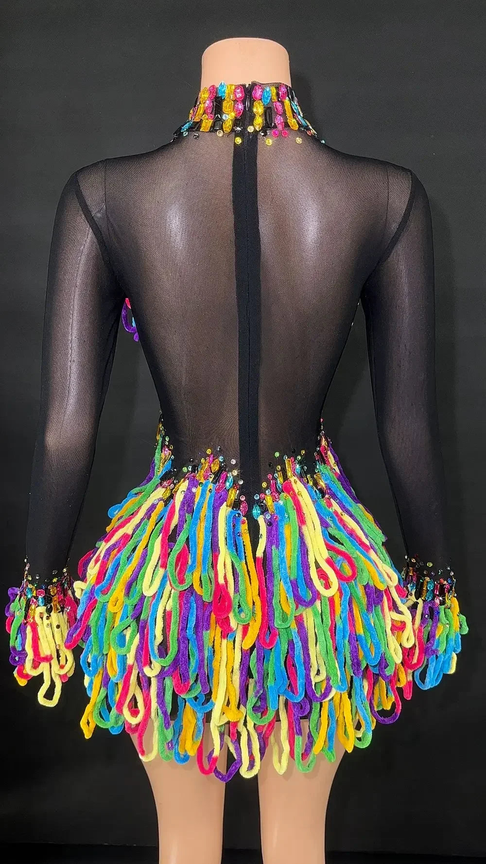 Rainbow Crystal Rhinestone Bodysuit Cascading Fringe Tassel Long-Sleeve Stage Costume