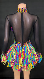 Rainbow Crystal Rhinestone Bodysuit Cascading Fringe Tassel Long-Sleeve Stage Costume