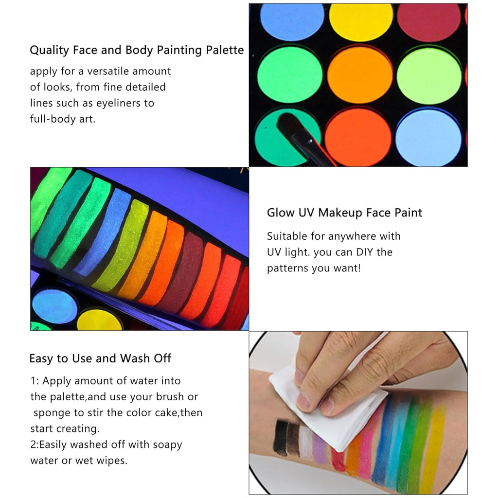 15-Color Uv Fluorescent Water-Based Face Paint Set, Body Painting, Easy to Apply, Easy to Wash Off, for Artistic Parties, Halloween, Carnival, Rainbow Role-Playing, Body Graffiti