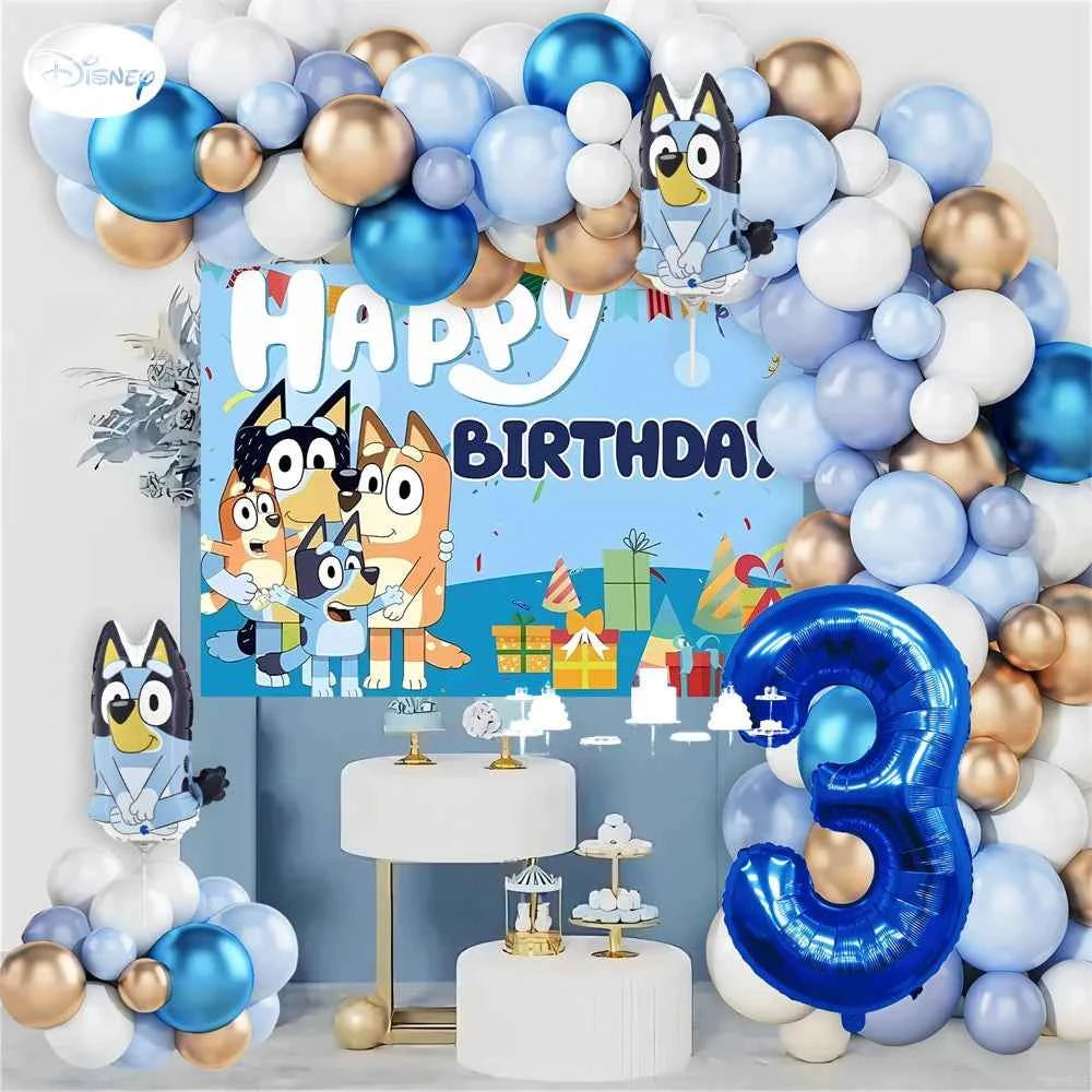 Bluey Birthday Party Decorations Balloon Garland Kit with Bluey Foil Balloons & Happy Birthday Backdrop for Kids Party Supplies