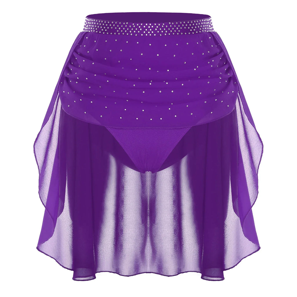 Womens Modern Lyrical Dance Skirt Performance Costume Sparkly Rhinestone Irregular Chiffon Hem Built-in Briefs Skirt Dancewear