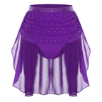 Womens Modern Lyrical Dance Skirt Performance Costume Sparkly Rhinestone Irregular Chiffon Hem Built-in Briefs Skirt Dancewear