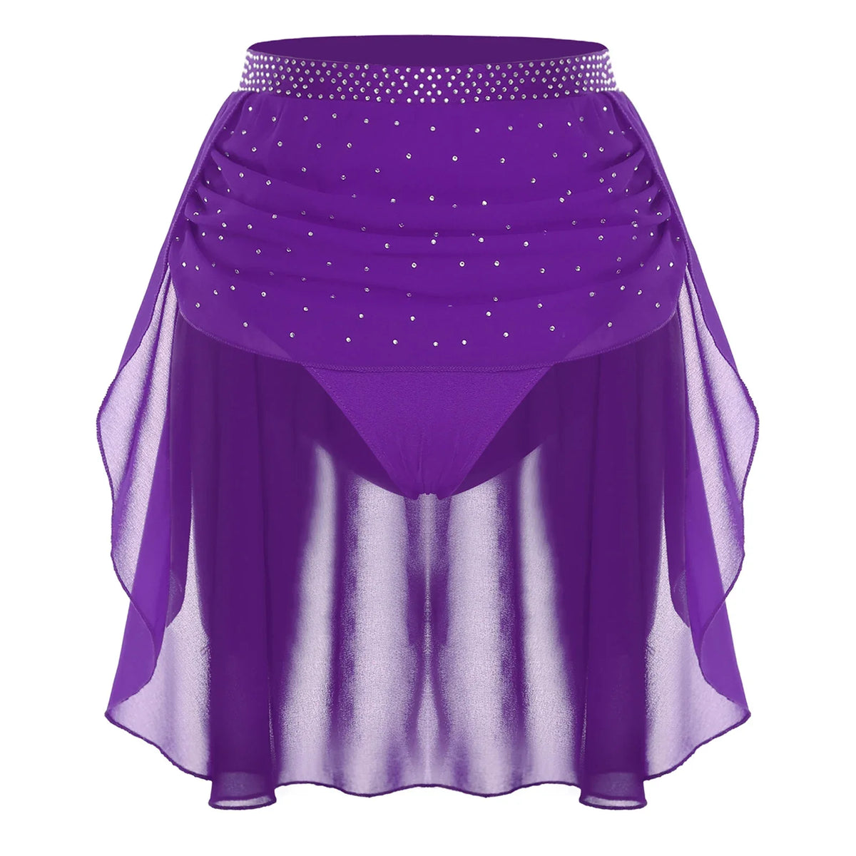 Womens Modern Lyrical Dance Skirt Performance Costume Sparkly Rhinestone Irregular Chiffon Hem Built-in Briefs Skirt Dancewear