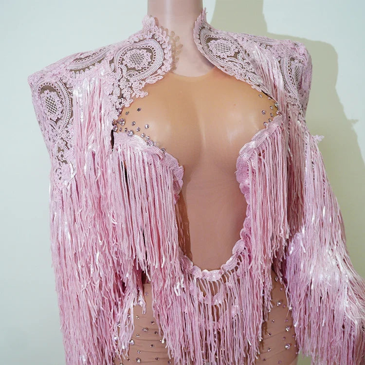 Rhinestone Tassel Fringe Jacket And Dress Costume Set