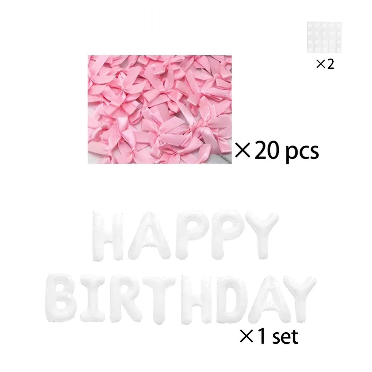 White Happy Birthday banner balloon and light pink bow balloon with pink ribbon bow, birthday party decoration