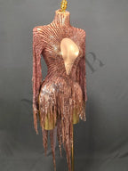 Gold Crystal Fringe Illusion Mini Dress Sparkly Rhinestone Stage Dance Costume