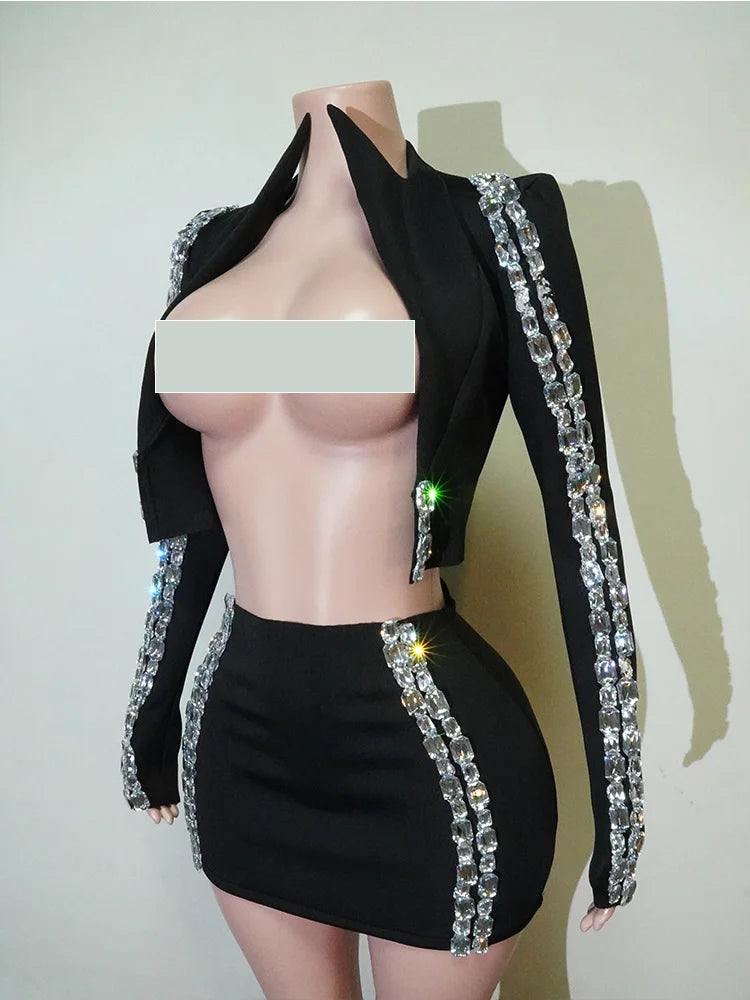 Crystal Rhinestone Halter Crop Top & Mini Skirt 2-Piece Stage Costume Set