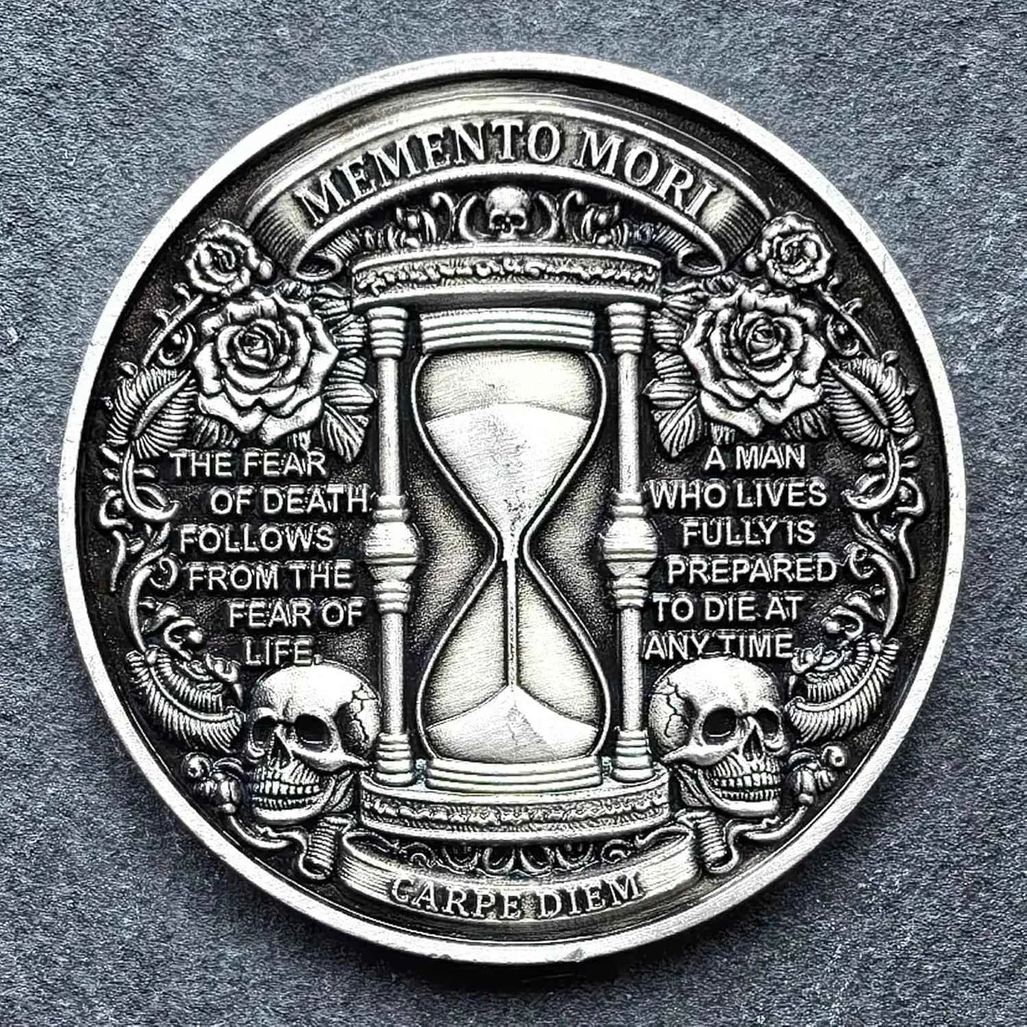 Memento Mori Challenge Coin - Skull & Hourglass Design, Carpe Diem, Roman Numerals, Motivational Coin for Life Reminders