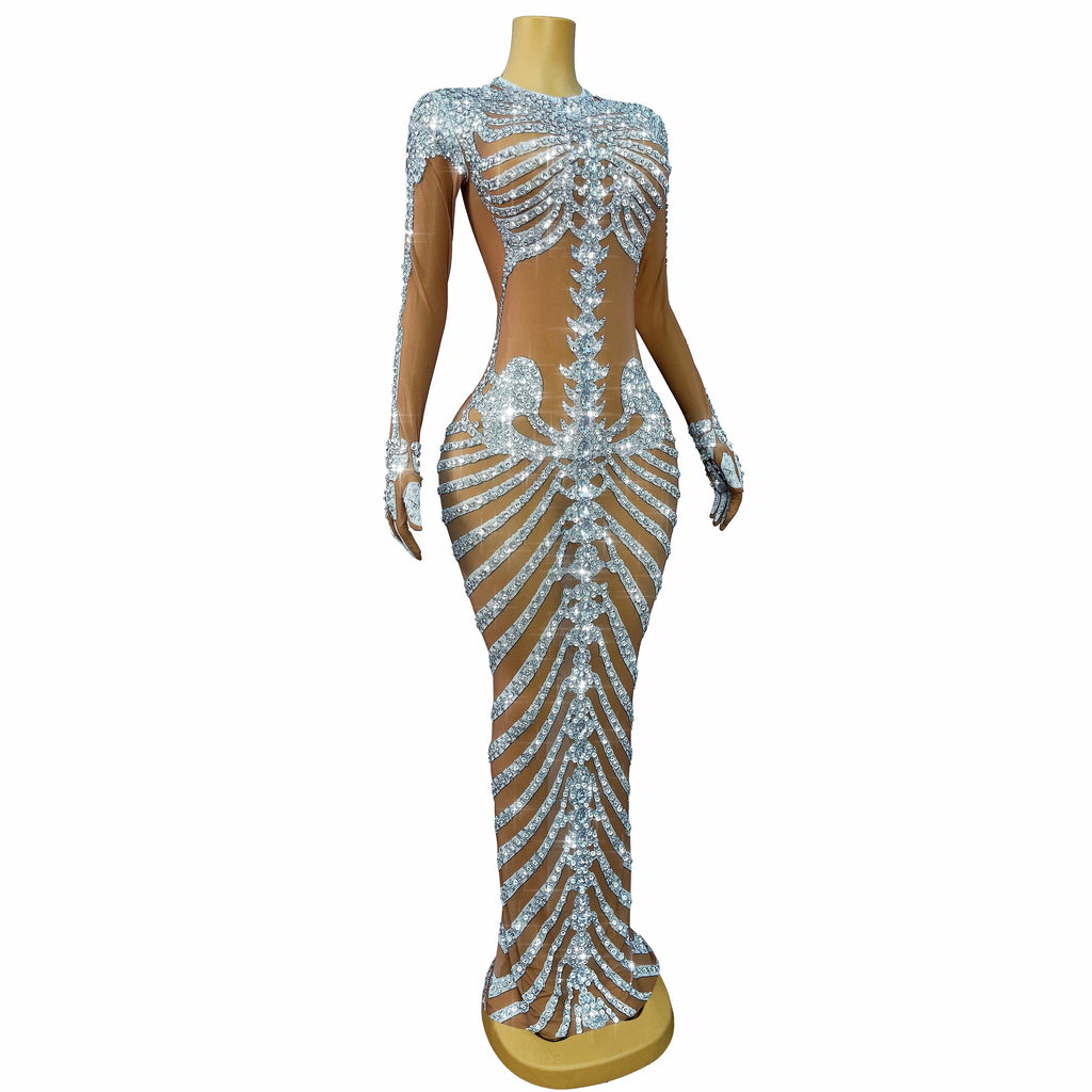 Fashion Skeleton Pattern Designed Shining Rhinestones Mesh Dress Women Halloween Party Celebrate Show Stage Outfit