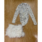 Sparkly Silver Sequin Pearl & White Feather Bodysuit 2-Piece Set Stage Performance Costume