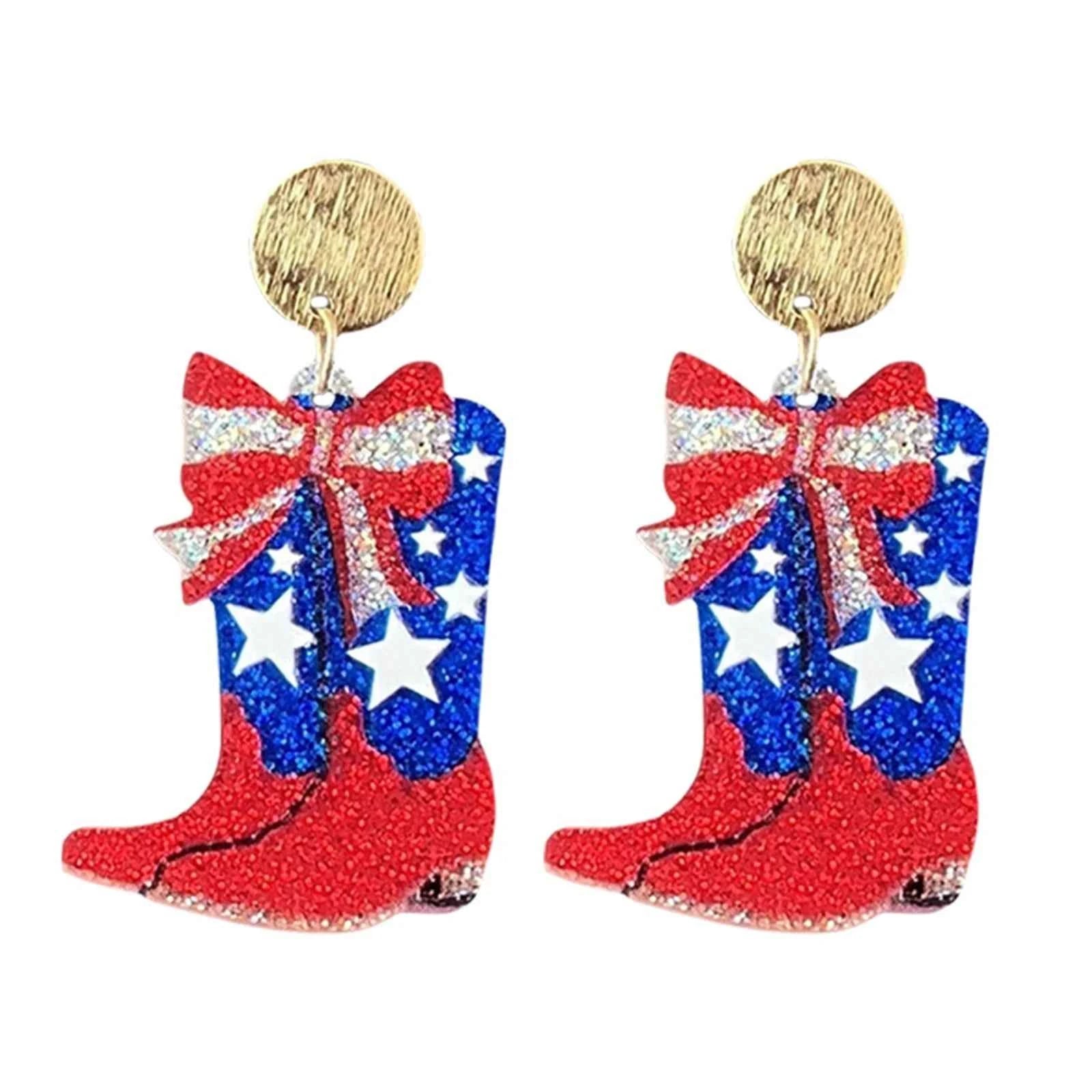 4th Of July Independence Day Earrings Women Sparkling Eagle Boots Bow Festival Celebrate American Flag Pattern Earrings