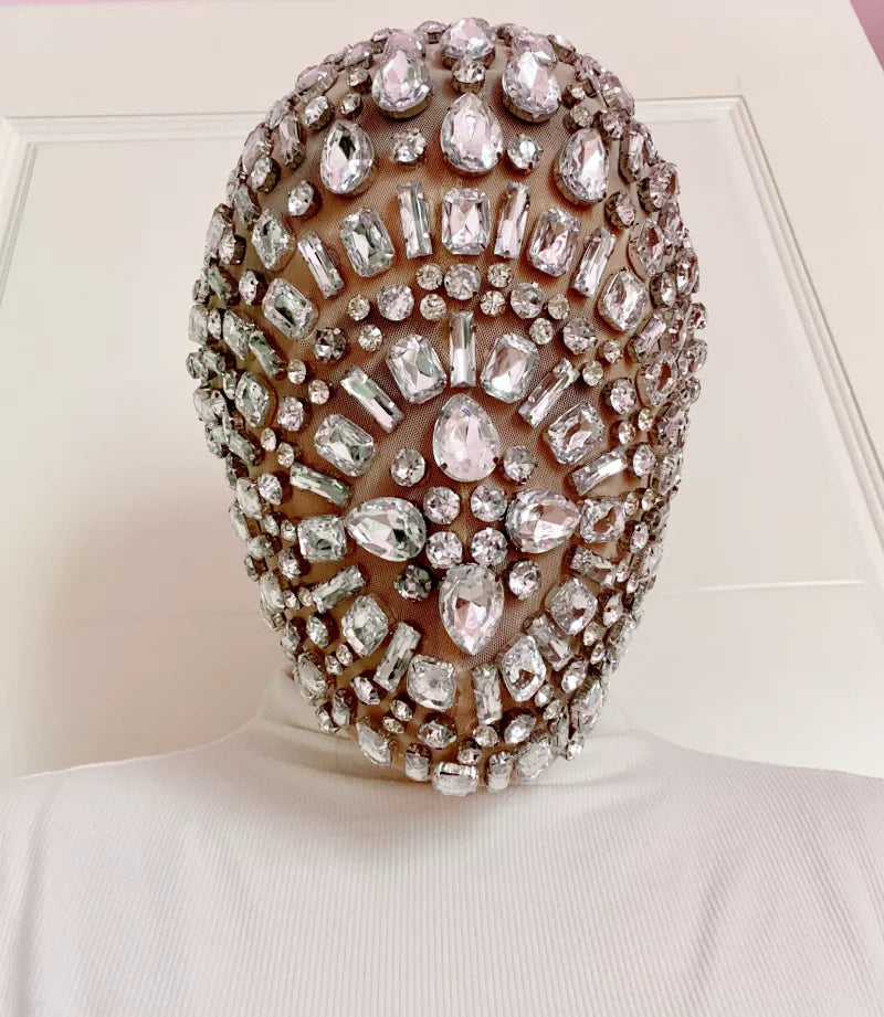 Shiny Diamond Mask for Women Men Elastic Mesh Headgear with Rhinestone Party Rave Mask DJ Dancer Stage Nightclub Headwear - Big Tim's Magic Emporium