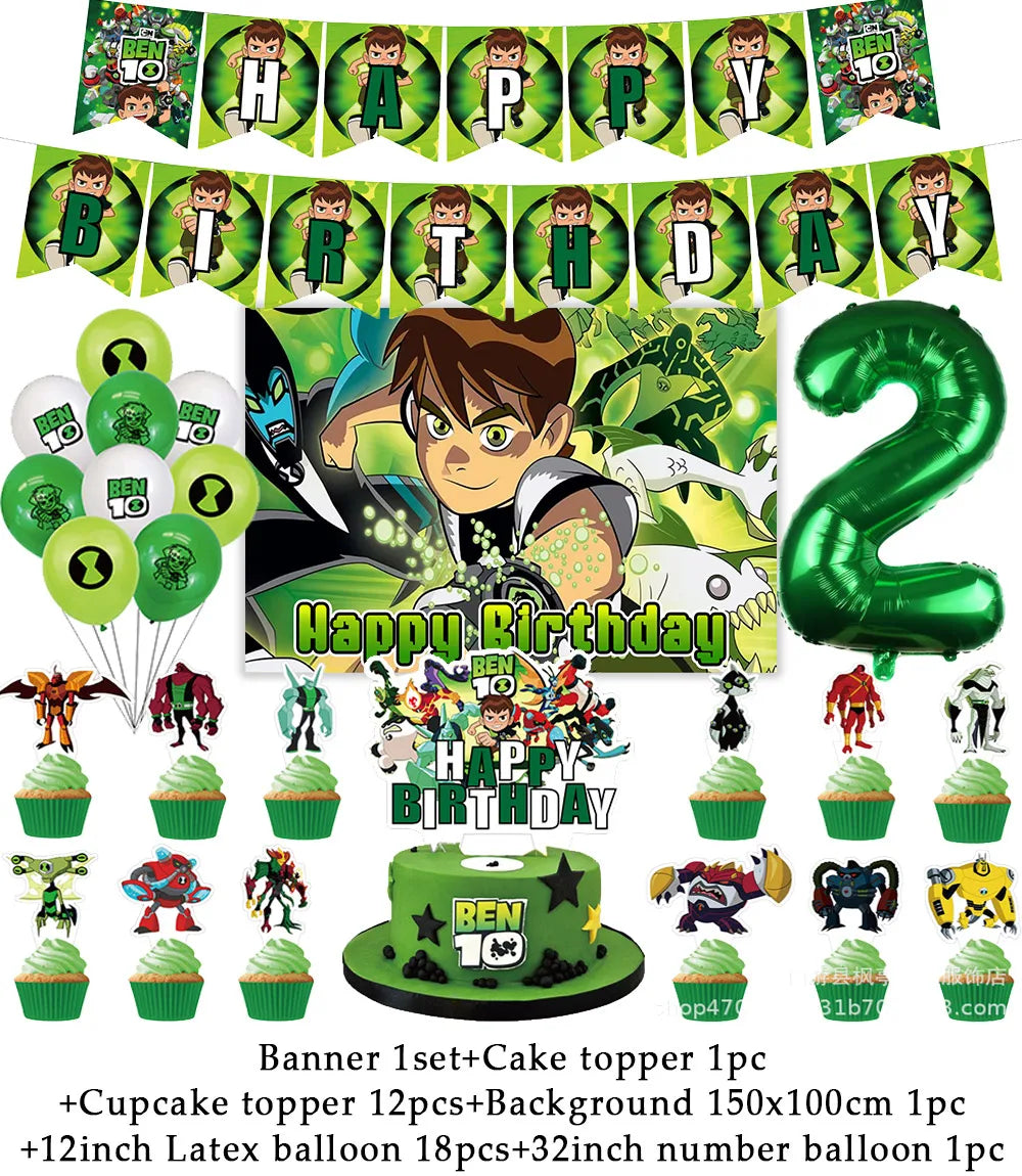Cartoon Ben-10 Birthday Party Decoration Balloons Favor Set Banner Cake Toppers Baby Shower Boys Gift Party Supplies Photo Prop
