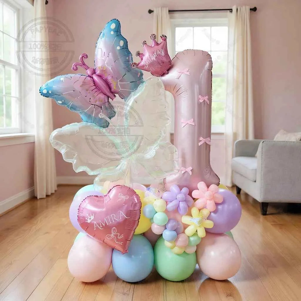 56pcs Colorful Butterfly Love Balloon Pink Number Birthday Balloon Set Festival Party Decoration Children's Baptismal Supplies