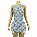 Silver Rhinestone Tassel Backless Stage Performance Mini Dress Party Gown
