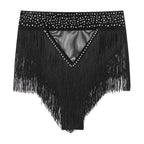 Rhinestone Tassel High-Waist Dance Shorts & Sheer Mesh Fringe Skirt