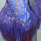 Leopard Sequin Fringe Asymmetrical Bodysuit One-Sleeve Stage Performance Costume