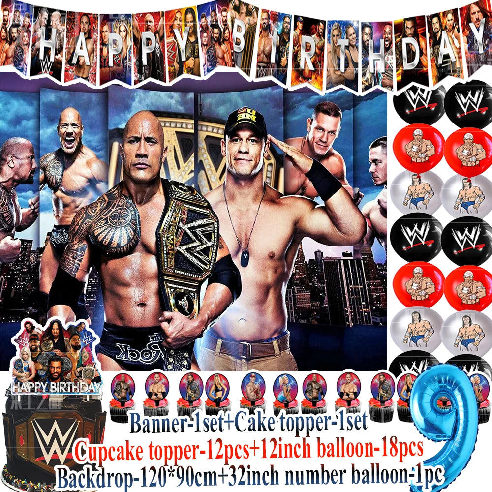 Sport-&Wrestling&Triathlon Boys Birthday Party Supplies Decor Boxing Match Balloon Cake Topper Banner Backdrop Baby Shower Props