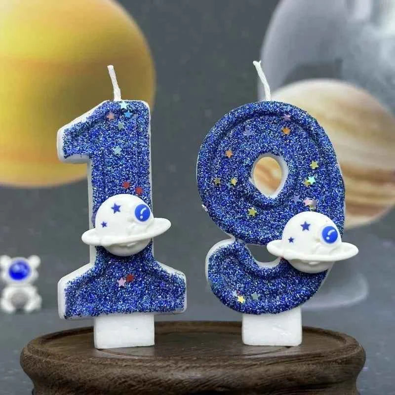 Boys Birthday Number Candle Cake Topper Blue Planetary Universe Children Baby Party One Year Old Dessert Decor Baking Supplies