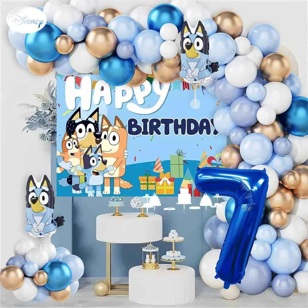 Bluey Birthday Party Decorations Balloon Garland Kit with Bluey Foil Balloons & Happy Birthday Backdrop for Kids Party Supplies