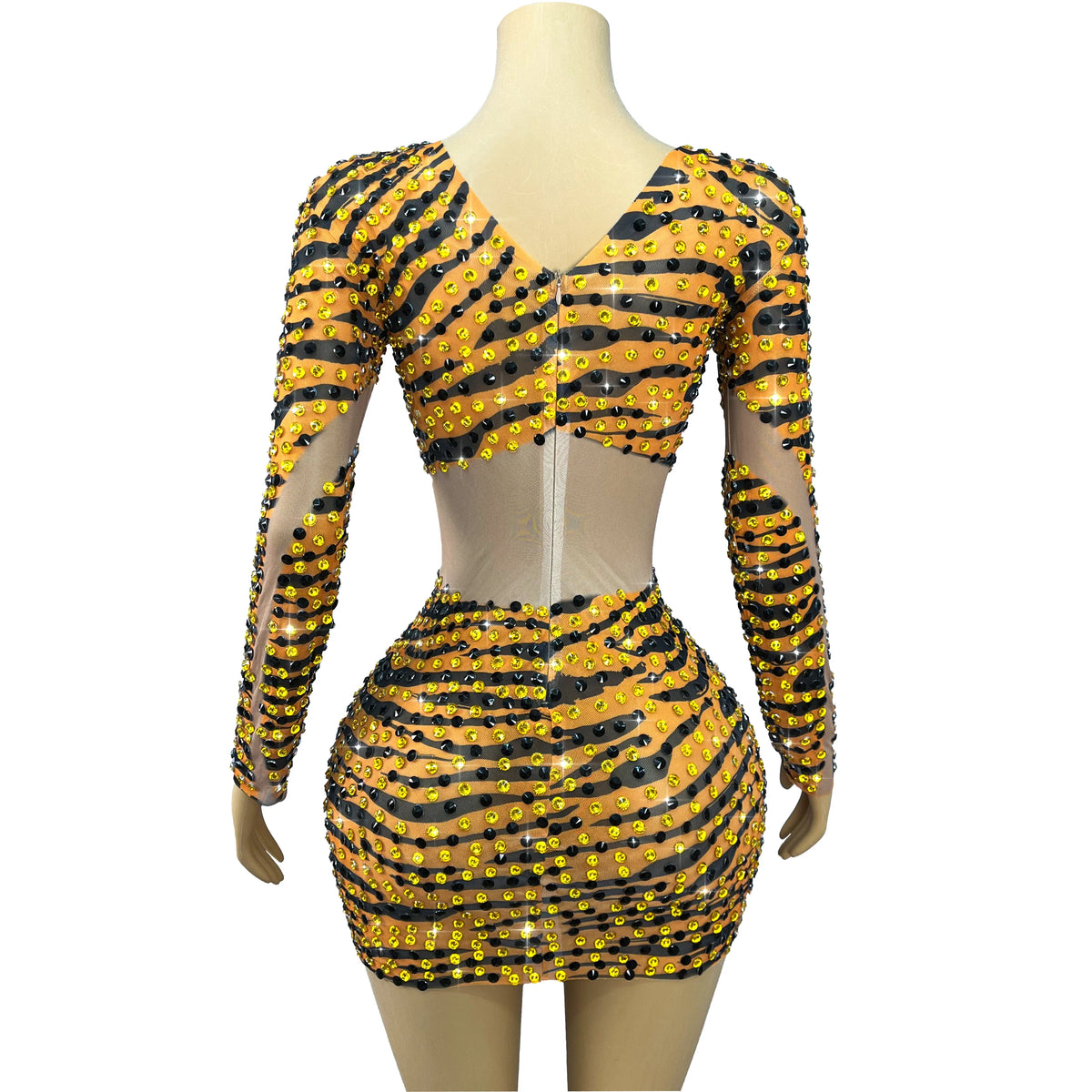 Tiger Print Rhinestone Mesh Long-Sleeve Mini Dress Deep V-Neck Stage Costume
