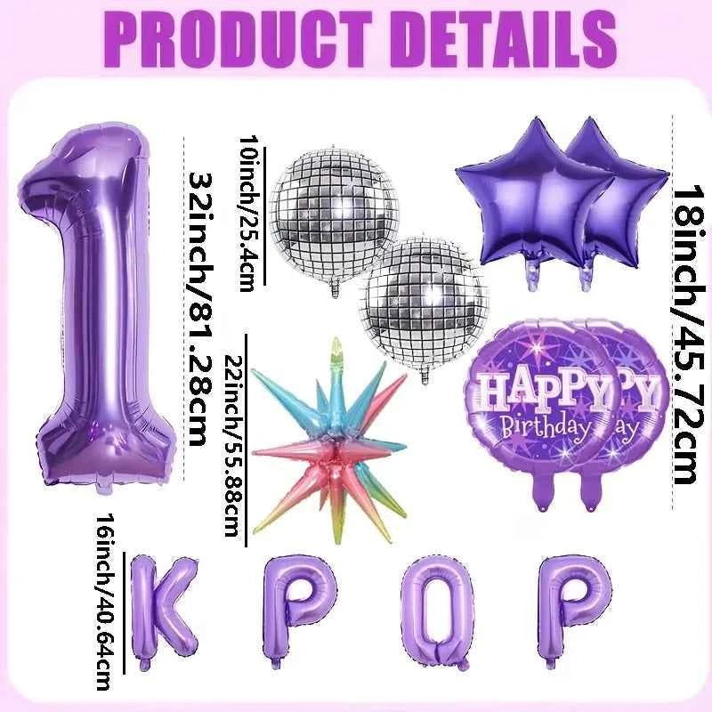 12pc themed party balloon, 32 inch purple digital balloon, KPOP paired with purple birthday balloon and star shaped balloon.