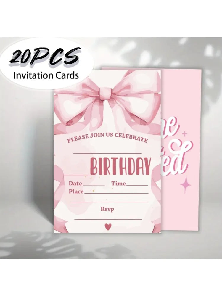 20pcs, Cute cartoon bow birthday invitation card, 20 girl themed birthday invitation cards