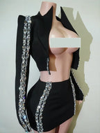 Crystal Rhinestone Halter Crop Top & Mini Skirt 2-Piece Stage Costume Set