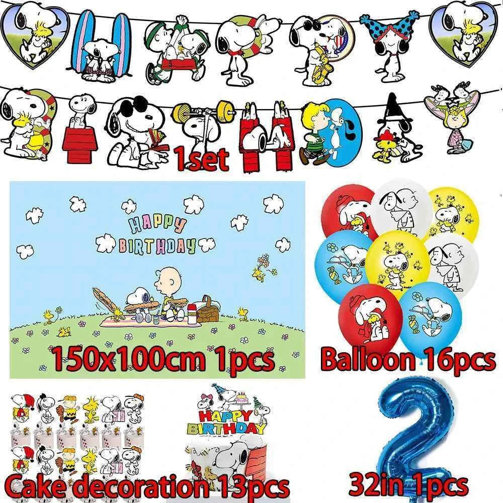 Cartoon Snoopys Birthday Decoration Set Banners Cake Toppers Balloons Backdrops Kids Birthday Gifts Baby Shower Party Supplies