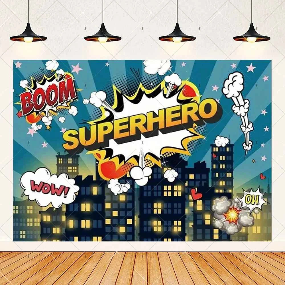 Customized Photography Studio Props Cartoon Superhero City Background Fecoration Children's Happy Birthday Outdoor Party Banner