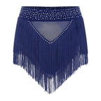 Rhinestone Tassel High-Waist Dance Shorts & Sheer Mesh Fringe Skirt