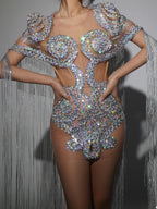 Sparkly Silver Rhinestone Sheer Cape Dress Stage Costume