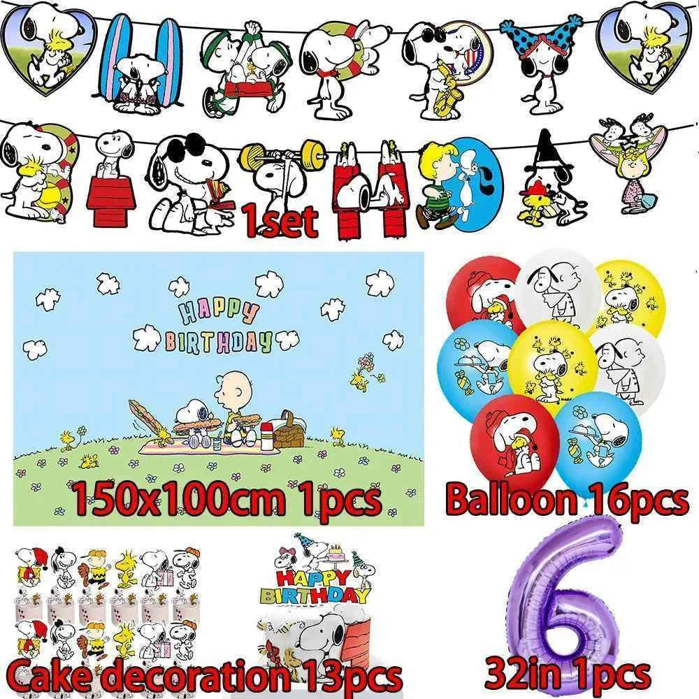 Cartoon Snoopys Birthday Decoration Set Banners Cake Toppers Balloons Backdrops Kids Birthday Gifts Baby Shower Party Supplies