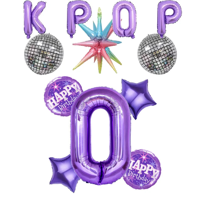 12pc themed party balloon, 32 inch purple digital balloon, KPOP paired with purple birthday balloon and star shaped balloon.