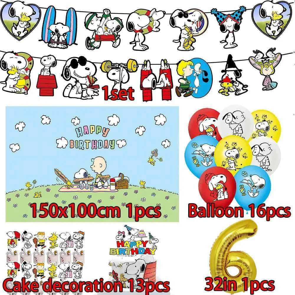 Cartoon Snoopys Birthday Decoration Set Banners Cake Toppers Balloons Backdrops Kids Birthday Gifts Baby Shower Party Supplies