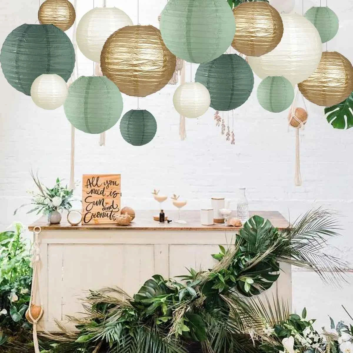 Paper Lanterns Decorations for Rustic Party Bridal Shower Wedding Sage Green Birthday Party Supplies Gold/Ivory/Sage Green 15pcs