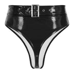 High-Waist Patent Leather Wet-Look Briefs with Adjustable Back Buckle Belt