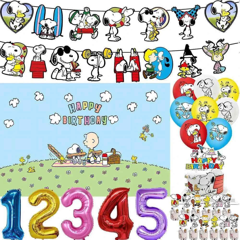 Cartoon Snoopys Birthday Decoration Set Banners Cake Toppers Balloons Backdrops Kids Birthday Gifts Baby Shower Party Supplies