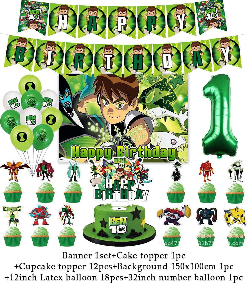 Cartoon Ben-10 Birthday Party Decoration Balloons Favor Set Banner Cake Toppers Baby Shower Boys Gift Party Supplies Photo Prop