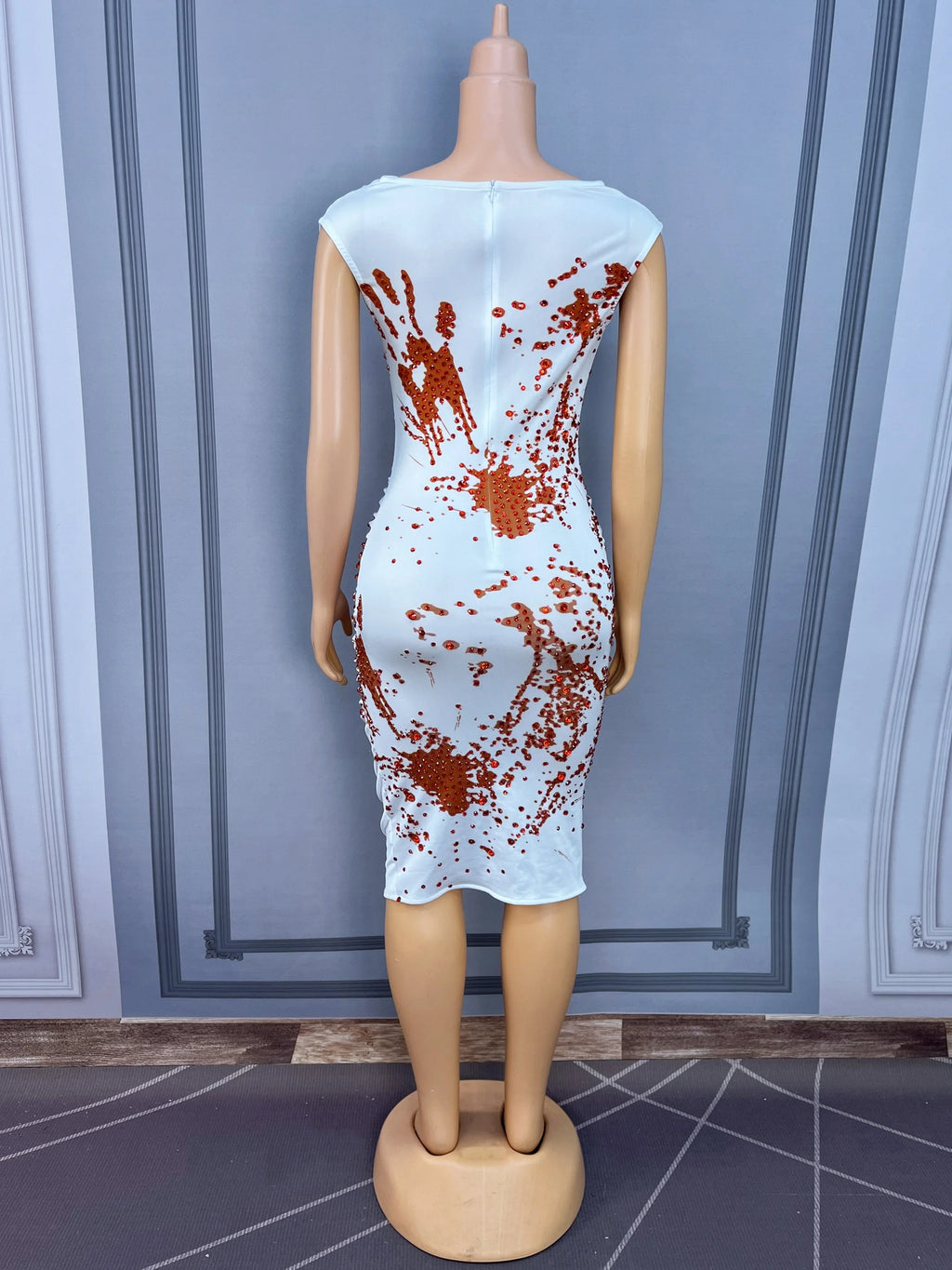Blood Splatter Rhinestone Ruched Midi Dress Sleeveless Halloween Stage Costume