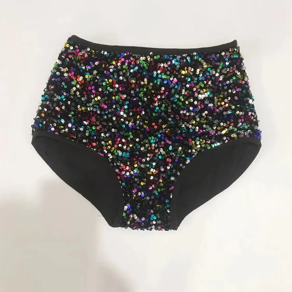 High-Waist Sequined Disco Briefs & Stage Performance Hot Pants