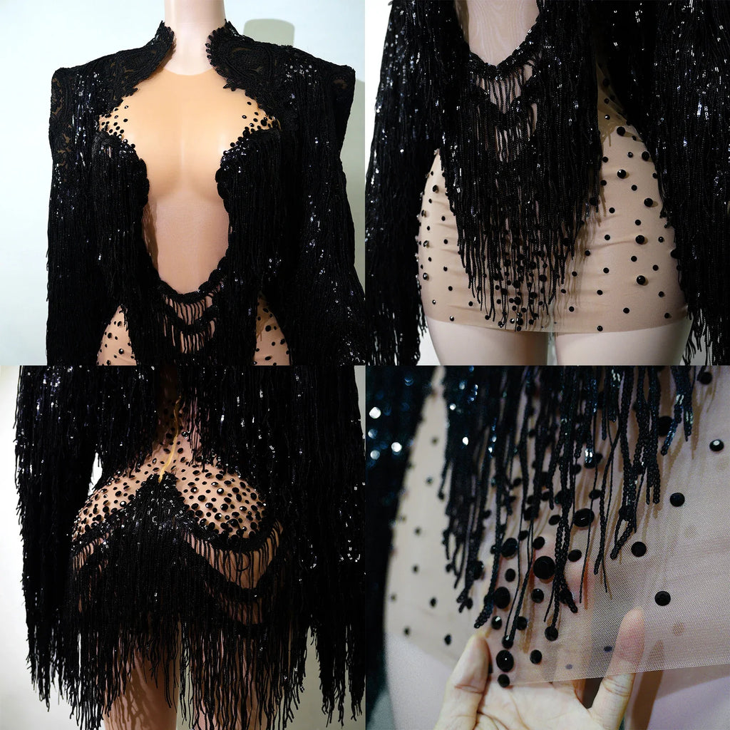 Rhinestone Tassel Fringe Jacket And Dress Costume Set