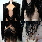 Rhinestone Tassel Fringe Jacket And Dress Costume Set