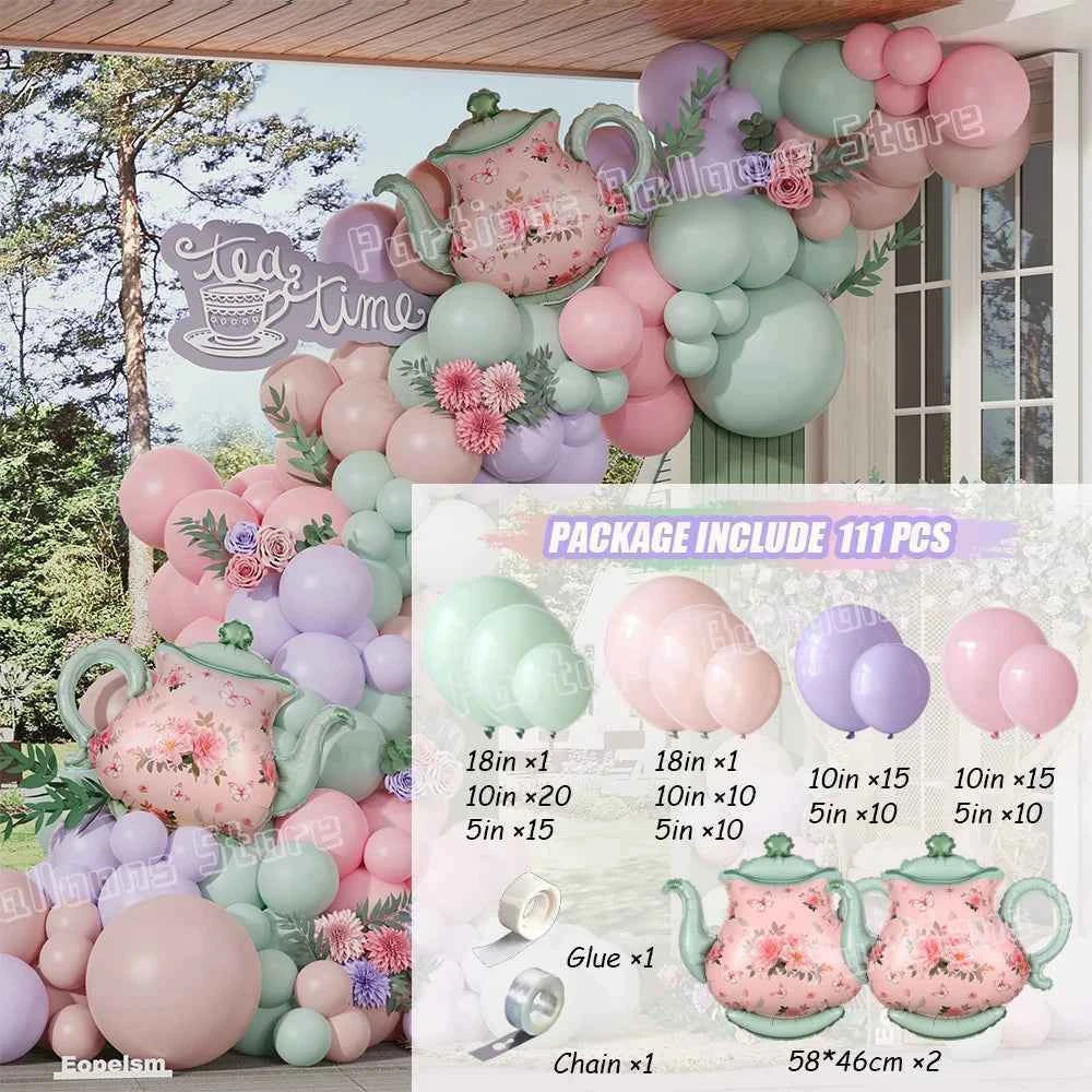 111Pcs Purple Pink Balloon Garland Kit Dusty Green Teapot Foil Balloon Mother's Day Let's Partea Spring Floral Tea Party Decor