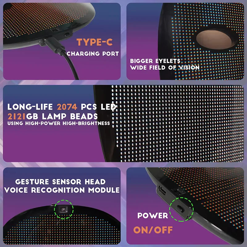 HD Luminous LED Mask with Voice Recognition Gesture Sensing Support Video Animation Programmable App Light up Mask - Big Tim's Magic Emporium