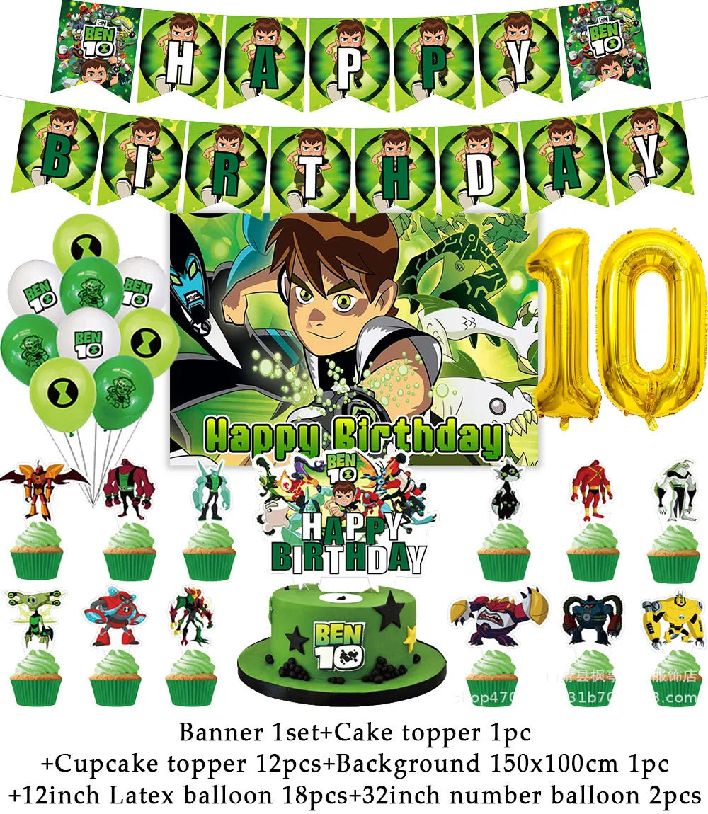Cartoon Ben-10 Birthday Party Decoration Balloons Favor Set Banner Cake Toppers Baby Shower Boys Gift Party Supplies Photo Prop