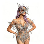 Silver Crystal Mesh 3D Butterfly Rhinestone Wings Jumpsuit