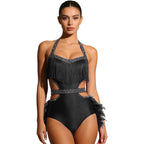 Glittery Rhinestone & Faux Feather Latin Dance Leotard Halter Bodysuit