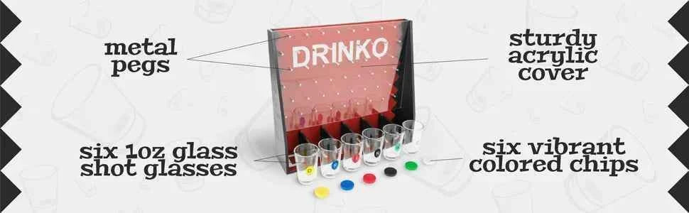 Drinko Drinking Game, Social Shot Glass Party Fun for Groups & Couples - Multicolor, Glass Shots, Durable Board with Metal Pegs